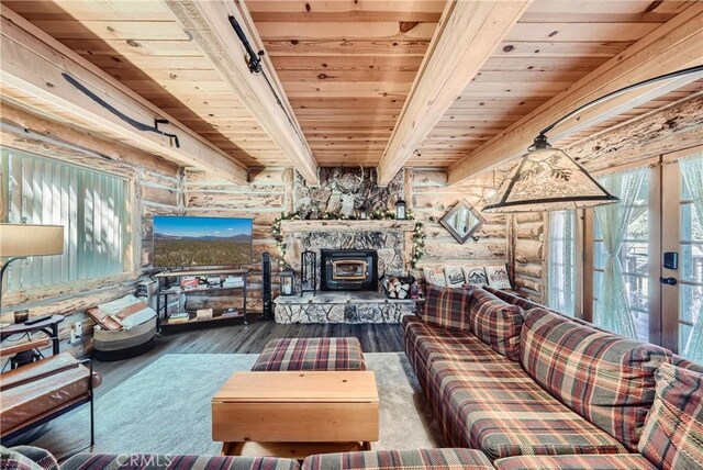 living room featuring hardwood / wood-style flooring, a wood stove, and wooden ceiling