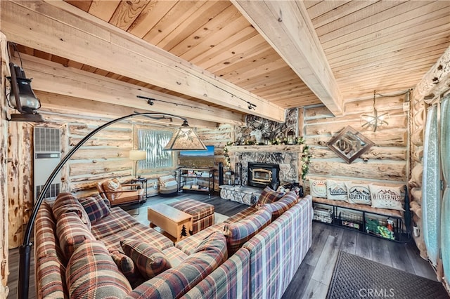 unfurnished living room with wooden ceiling, plenty of natural light, rustic walls, and hardwood / wood-style flooring