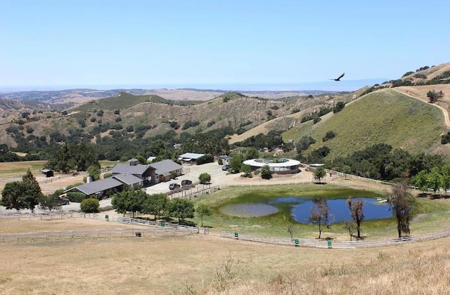 birds eye view of property featuring a rural view and a water and mountain view