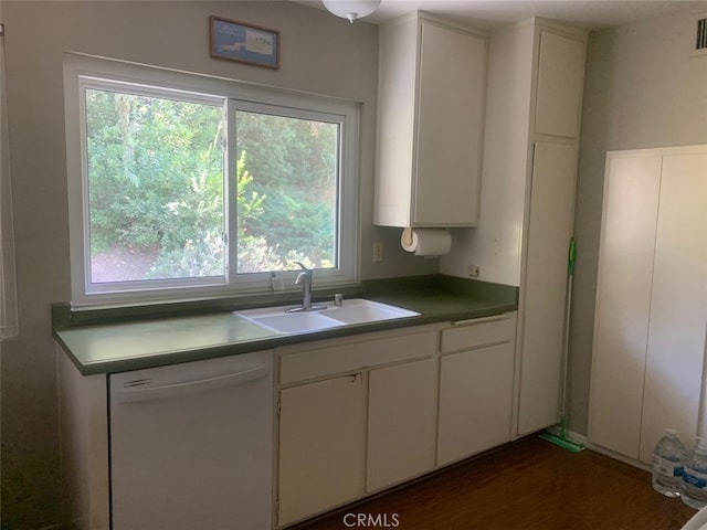 kitchen featuring white cabinets, dishwasher, sink, and dark hardwood / wood-style flooring