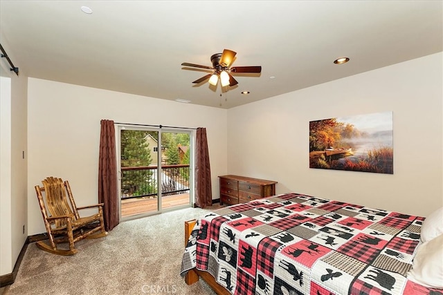 carpeted bedroom with ceiling fan and access to exterior