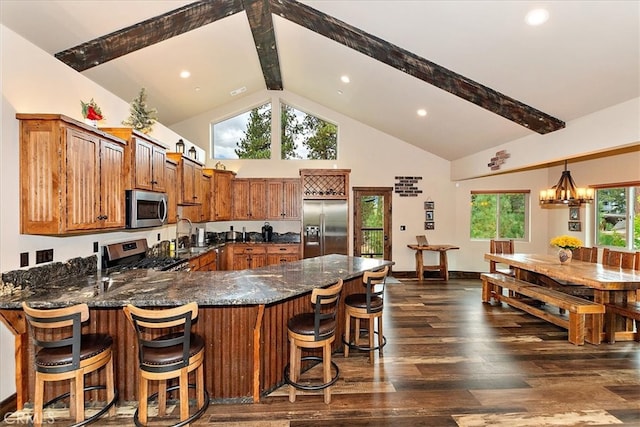 kitchen with appliances with stainless steel finishes, beam ceiling, dark hardwood / wood-style flooring, and plenty of natural light