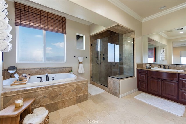 bathroom with ornamental molding, separate shower and tub, and vanity