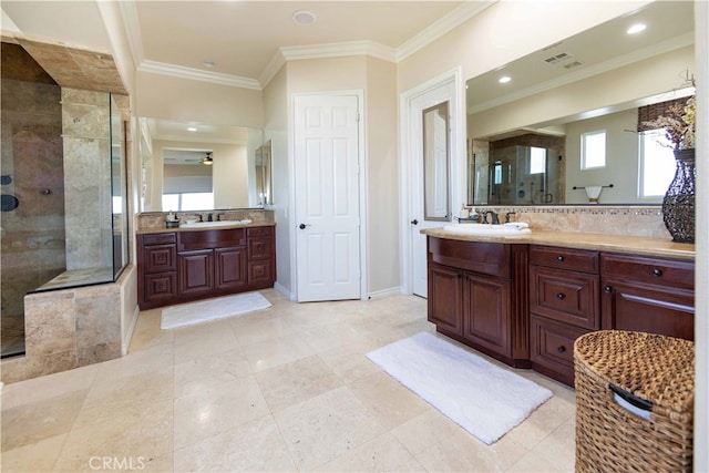 bathroom featuring walk in shower, vanity, and ornamental molding