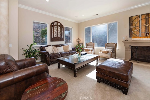 living room with light carpet and crown molding