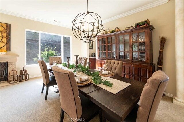 carpeted dining space with a notable chandelier and ornamental molding