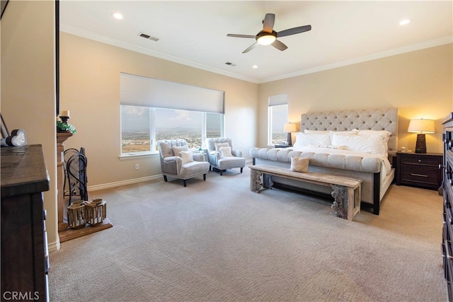 bedroom featuring light carpet, crown molding, and ceiling fan