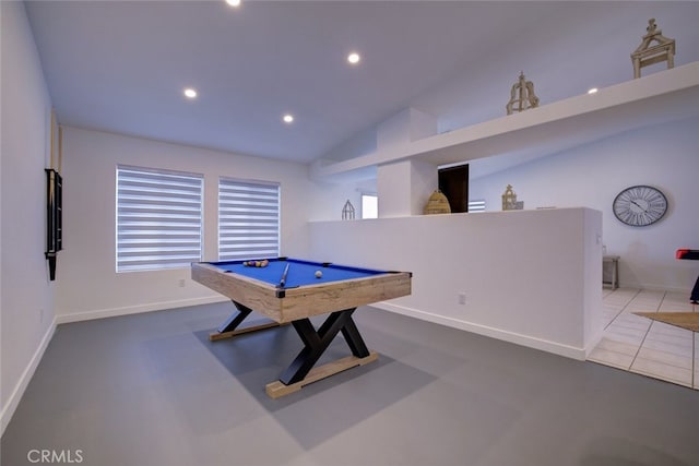 rec room with pool table and vaulted ceiling