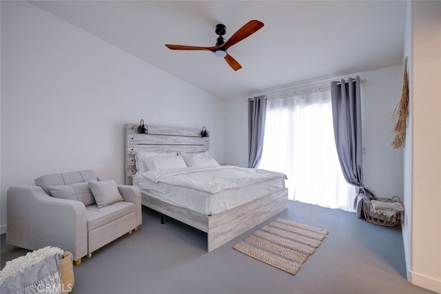 bedroom featuring ceiling fan and lofted ceiling