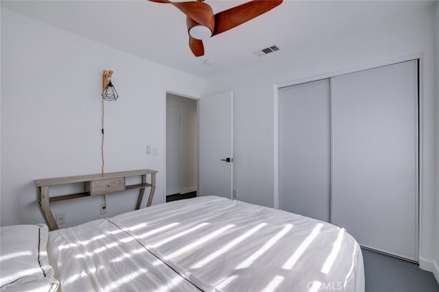 bedroom with ceiling fan and a closet