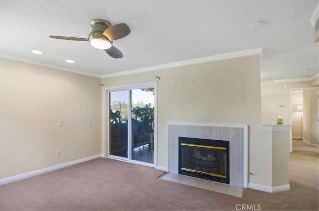 unfurnished living room featuring ornamental molding, ceiling fan, and light carpet