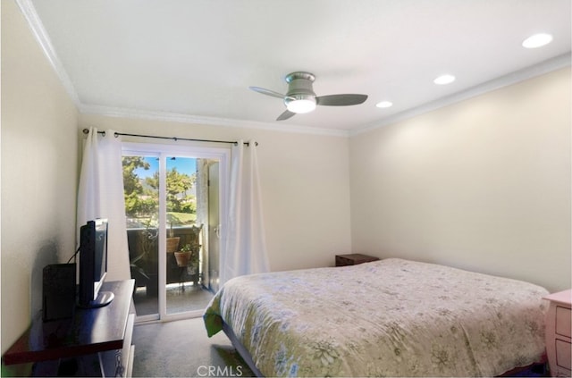 bedroom with access to outside, ornamental molding, carpet flooring, and ceiling fan