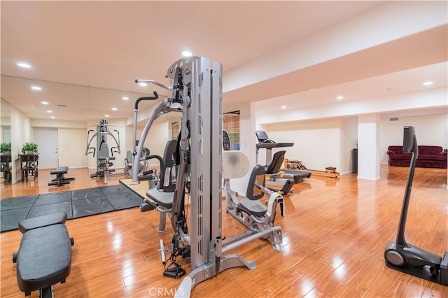 exercise area featuring light hardwood / wood-style flooring