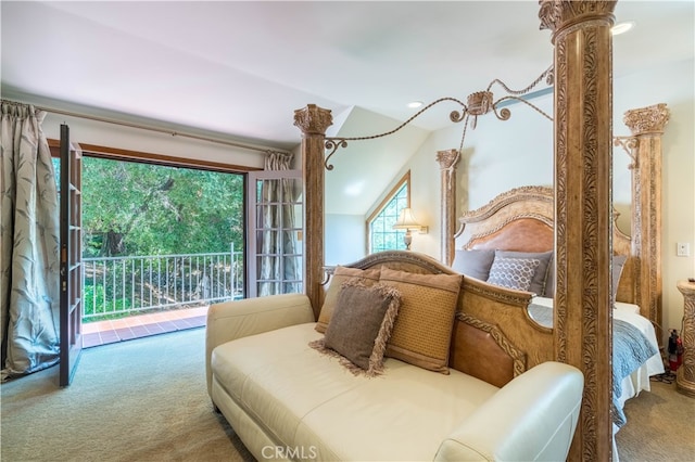 bedroom with access to outside, carpet flooring, and vaulted ceiling