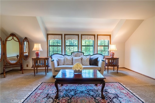 carpeted living room with vaulted ceiling and a wealth of natural light