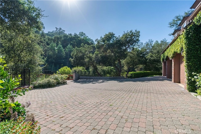 view of patio with a garage