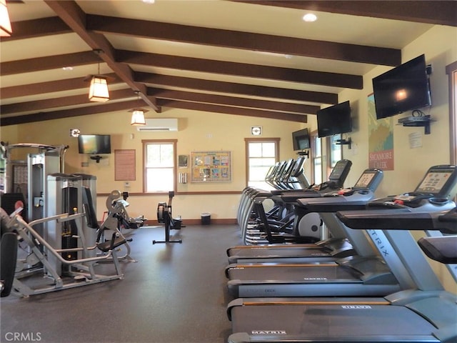 exercise room with vaulted ceiling and a wall mounted AC