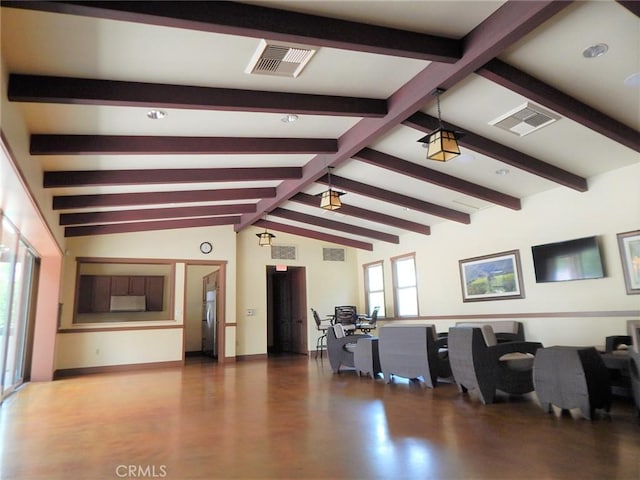 living room featuring wood-type flooring, high vaulted ceiling, and beam ceiling