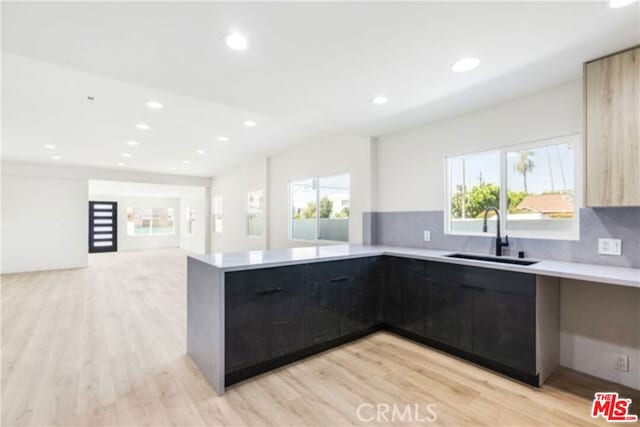 kitchen featuring kitchen peninsula, tasteful backsplash, light hardwood / wood-style flooring, and sink