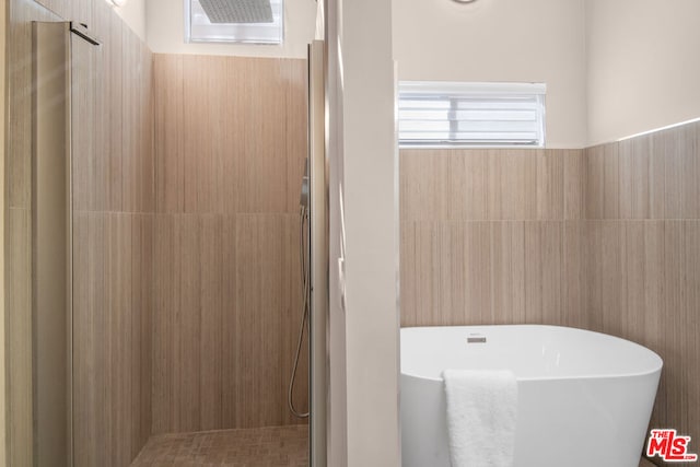 bathroom with shower with separate bathtub