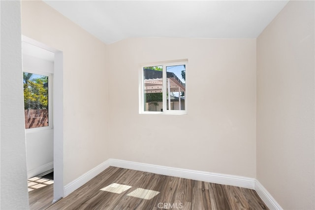 spare room with wood-type flooring and lofted ceiling