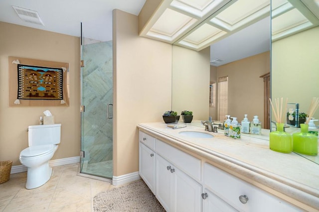 bathroom featuring toilet, vanity, and walk in shower