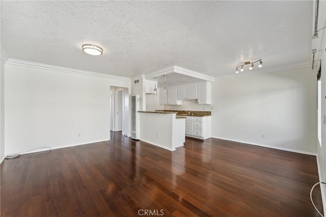 unfurnished living room featuring dark hardwood / wood-style flooring, a textured ceiling, and ornamental molding