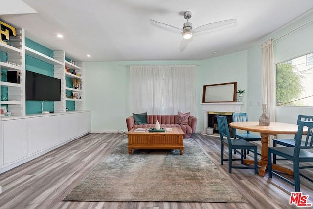 living room featuring wood-type flooring and ceiling fan