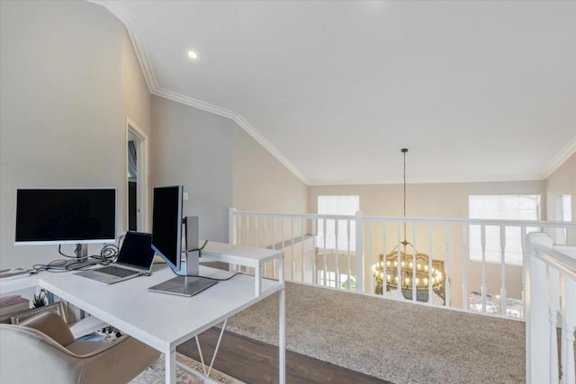 office with lofted ceiling, a notable chandelier, crown molding, and wood-type flooring