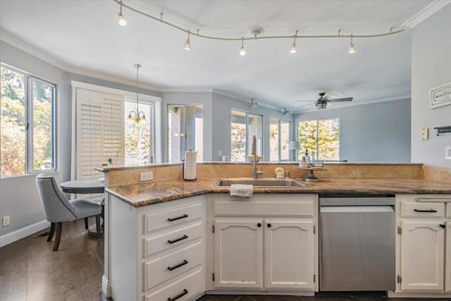 kitchen with crown molding, dishwasher, sink, and white cabinets