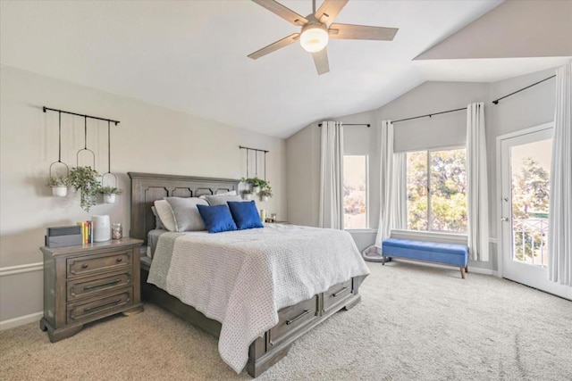 bedroom featuring lofted ceiling, access to exterior, light colored carpet, and ceiling fan