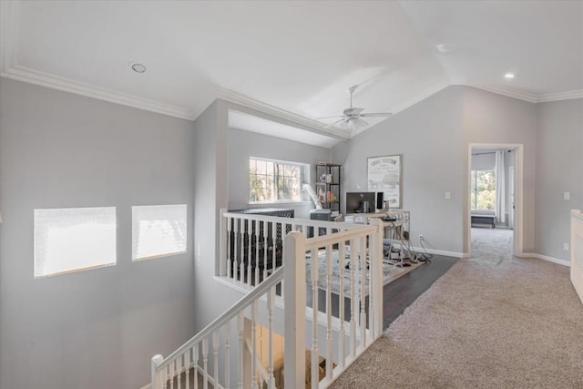 corridor featuring ornamental molding, plenty of natural light, and lofted ceiling