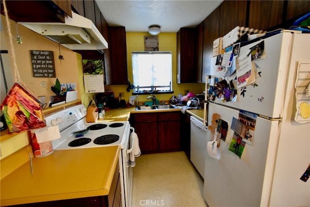 kitchen featuring a textured ceiling, dark brown cabinetry, white appliances, and sink