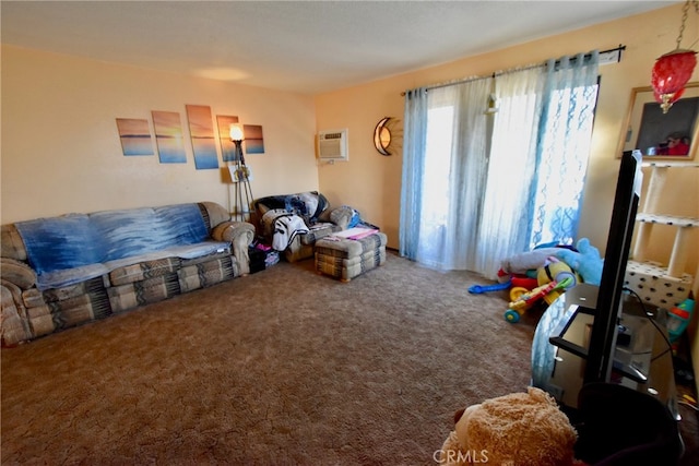 living room featuring an AC wall unit and carpet