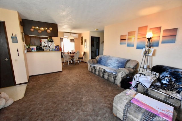 living room with dark colored carpet