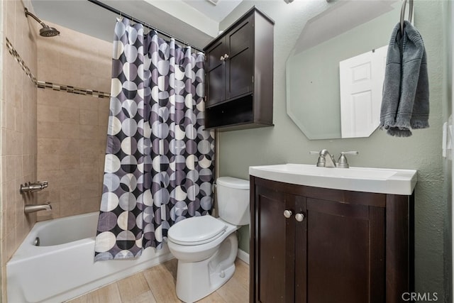 full bathroom with hardwood / wood-style flooring, vanity, toilet, and shower / bathtub combination with curtain