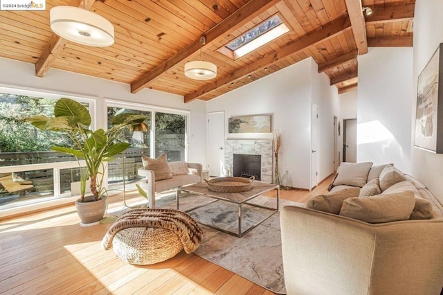 living room featuring wood ceiling, light hardwood / wood-style flooring, beam ceiling, a skylight, and high vaulted ceiling