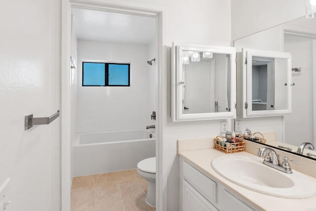 full bathroom featuring shower / tub combination, tile patterned flooring, vanity, and toilet