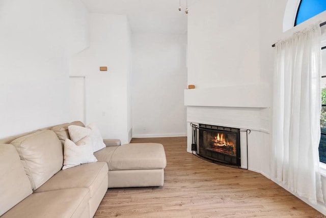 living room featuring light hardwood / wood-style flooring and a towering ceiling