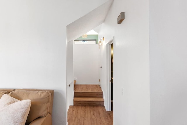 hallway featuring lofted ceiling and light wood-type flooring