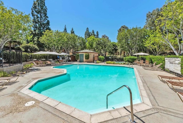 view of swimming pool with a patio area