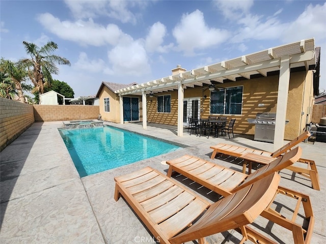 view of pool featuring ceiling fan and a patio