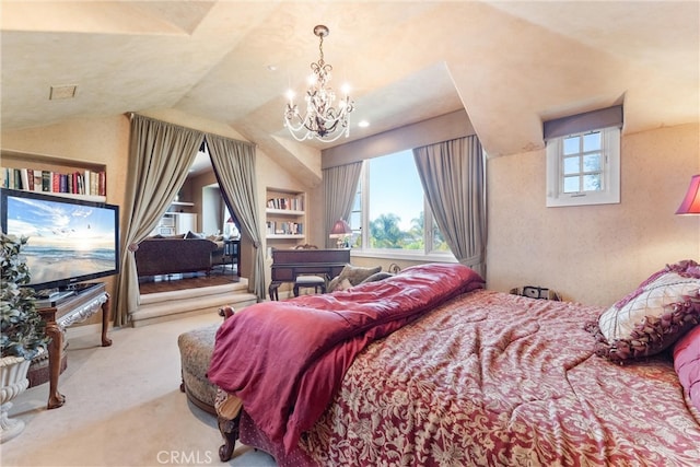 bedroom with light carpet, a notable chandelier, vaulted ceiling, and multiple windows