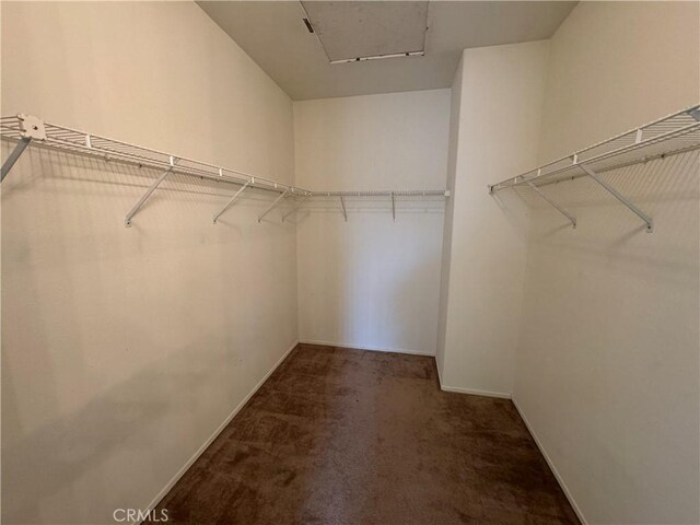 spacious closet featuring dark carpet