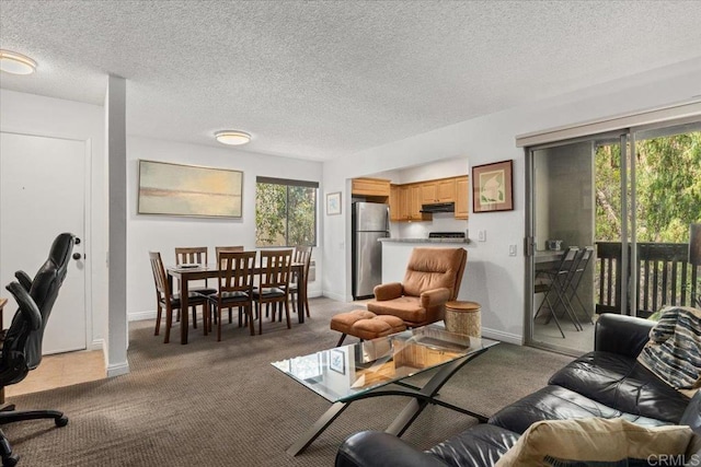 living room with plenty of natural light, a textured ceiling, and light carpet