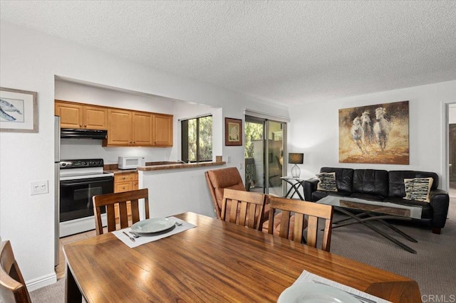 dining area with a textured ceiling and light carpet