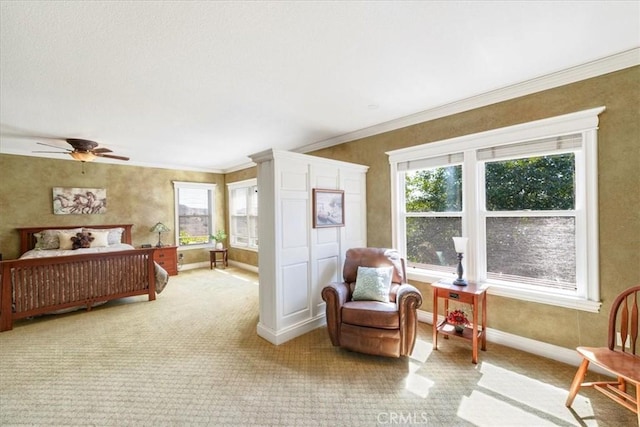 bedroom featuring light carpet, ceiling fan, and ornamental molding