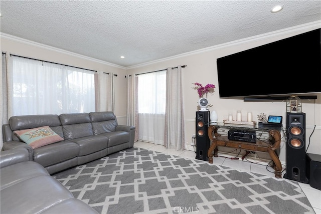 tiled living room featuring ornamental molding and a textured ceiling