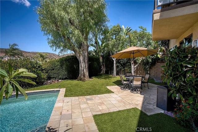 view of swimming pool with a patio and a lawn