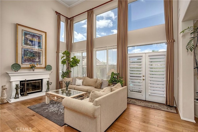 interior space featuring a towering ceiling, crown molding, and light hardwood / wood-style flooring